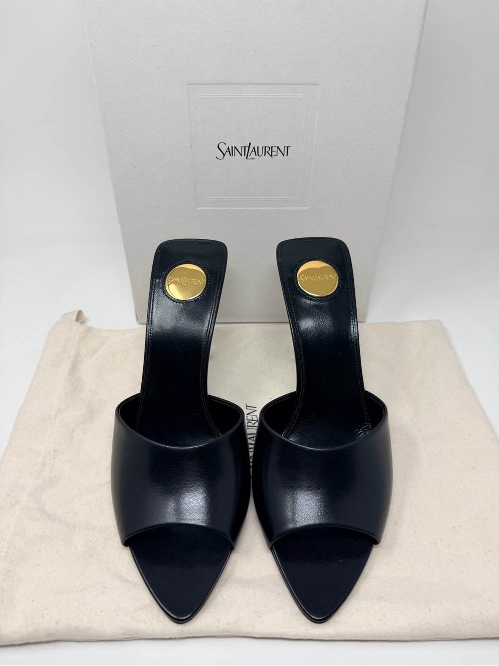 Saint Laurent Black Leather Open-Toe Mules with Gold Logo Medallion - Picture 8 of 9